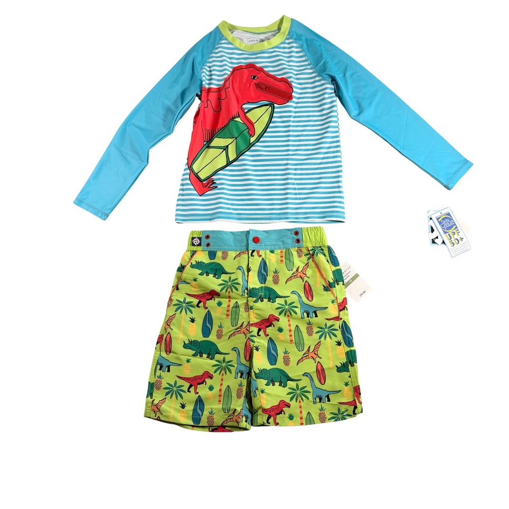 Andy & Evan Kids Boys Dino Rash Guard Swimsuit‎ Set 7Y NWT